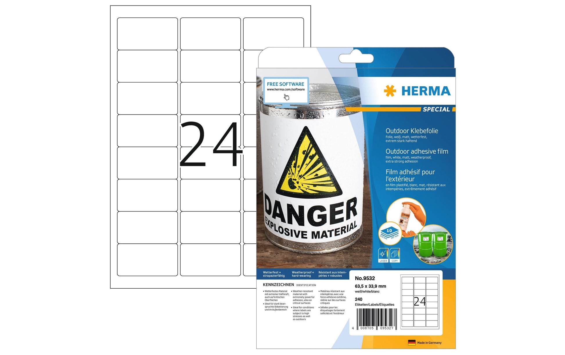 HERMA Druckeretiketten, 63,5 mm × 33,9 mm, weiss, Folie, extra stark, 240 Etiketten (10 Blatt)