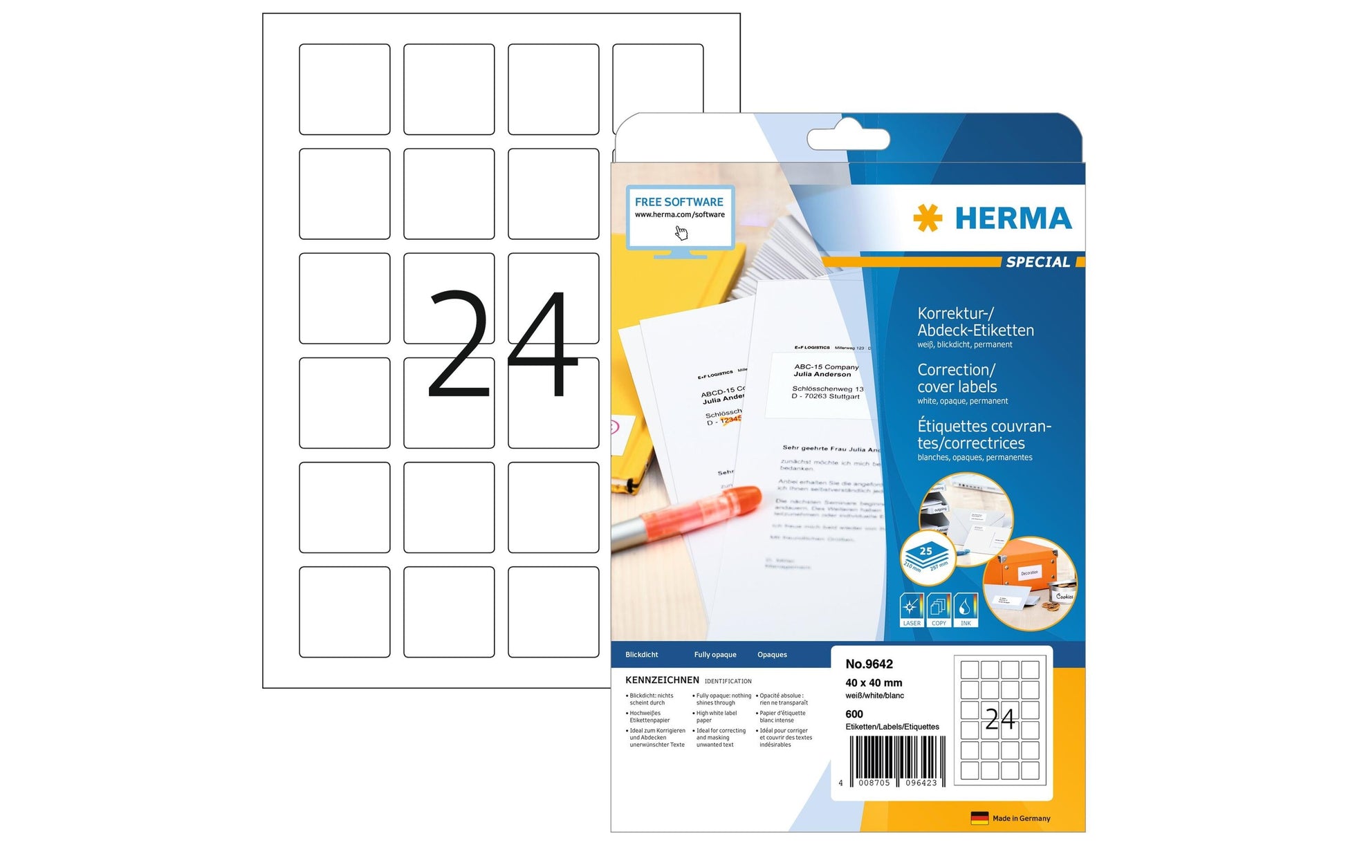 HERMA Etiketten, 40 mm × 40 mm, A4, weiss, Papier, permanent, 600 Etiketten (25 Blatt)