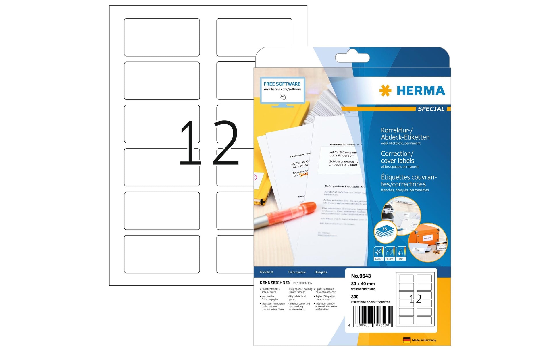 HERMA Druckeretiketten, 80 mm × 40 mm, weiss, Papier, permanent, 25 Blätter (300 Etiketten)