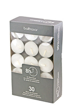 Balthasar Teelichter – Ø 3,8 × 2,4 cm – Aluminium, weiss – 8 h – 30 Stück