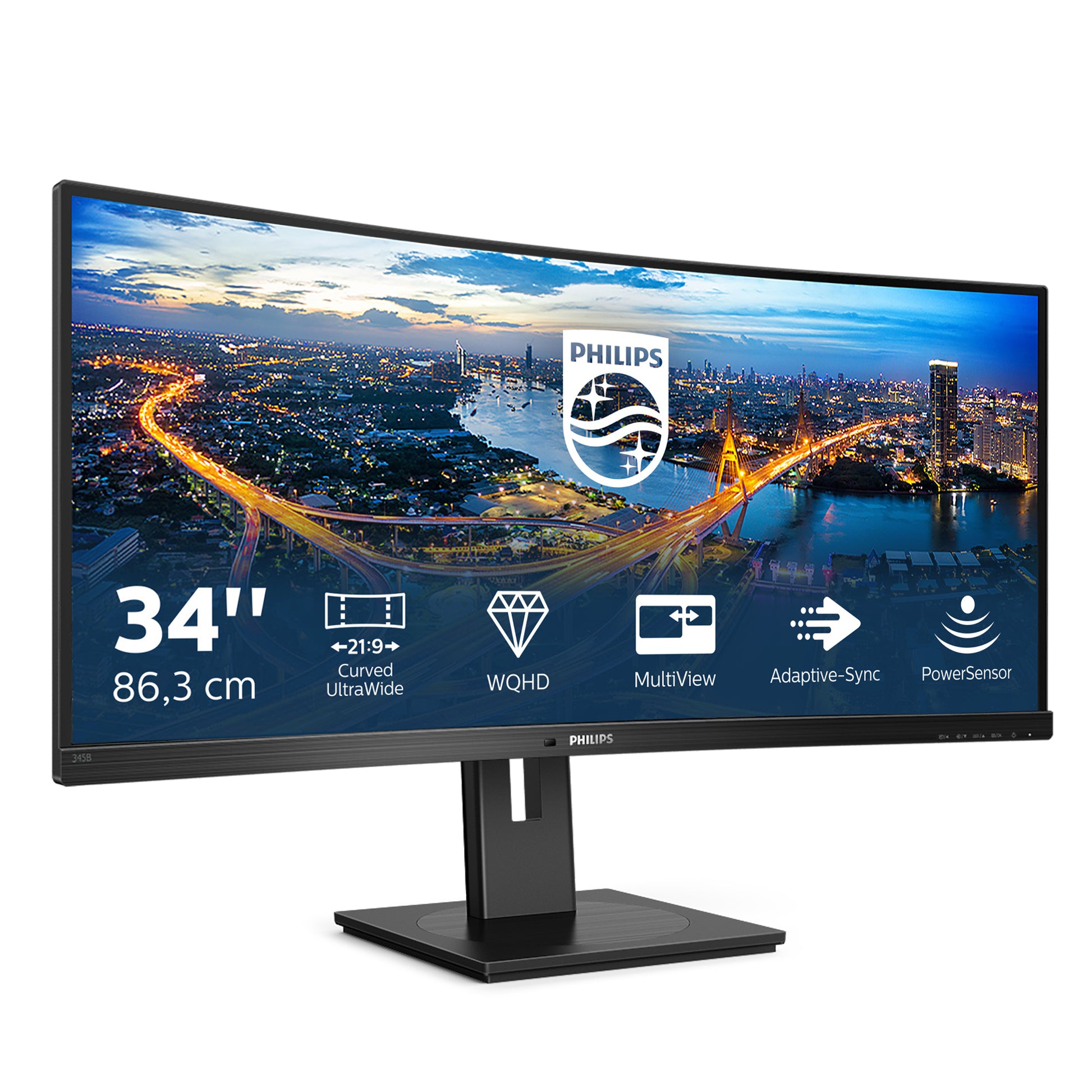 Philips 345B1C/00 – Monitor, 34", 3440 × 1440, VA, 100 Hz, 300 cd/m², Gebogen, VESA 100 × 100, Schwarz