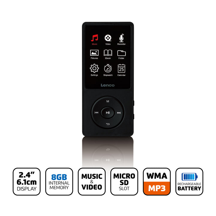 Lenco Xemio-669BK – MP3-/MP4-Player, 8 GB, microSD bis 256 GB, 2,4" Display, 18 h Akku – Schwarz
