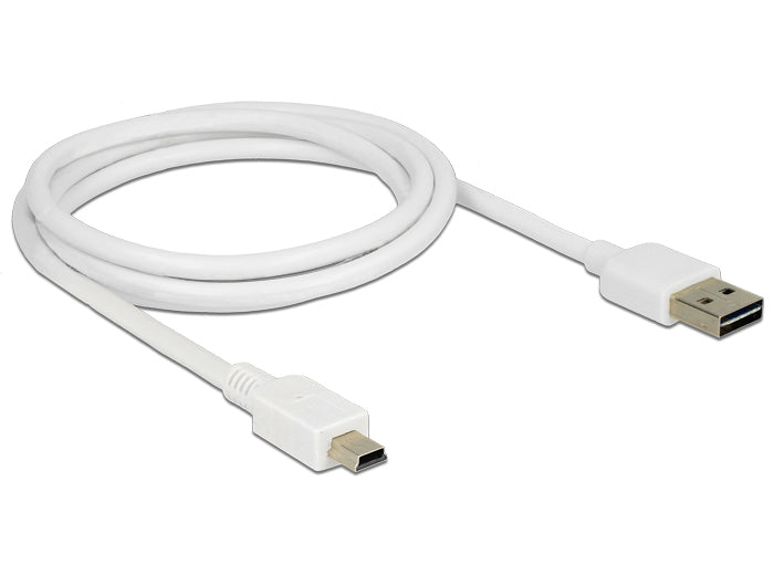 DeLOCK USB-Kabel – USB-A auf Mini-USB-B – USB 2.0 (480 Mbit/s) – 1 m – USB-A beidseitig einsteckbar – Weiss