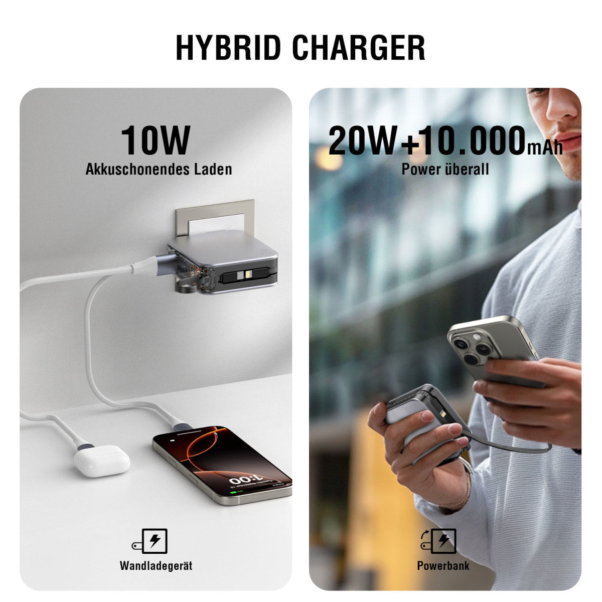 4smarts Powerbank 10000 mAh, PD 20 W, 2× USB-C, Durchgangsladung, für Smartphones, Silber