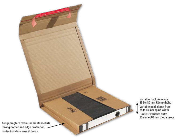 Colompac Versandkarton CP 050.01 – für DIN A4 – 320 × 290 × 35–80 mm, selbstklebend, Aufreissband, Kantenschutz