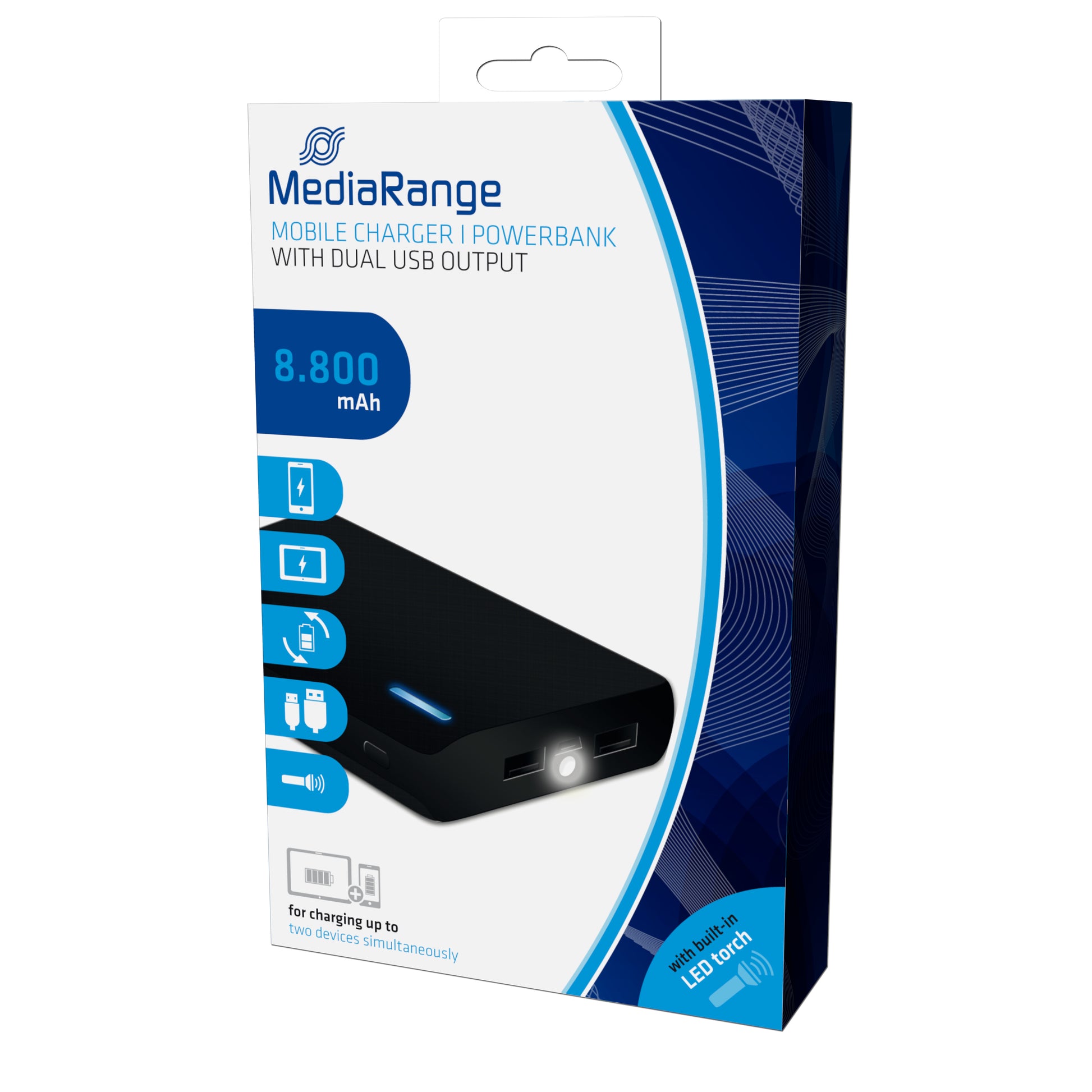MediaRange Powerbank 8800 mAh, 2× USB-A, 15 W, Schwarz