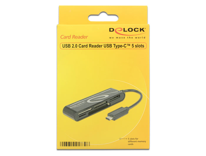 DeLOCK 91739 – Externer USB-C Kartenleser, USB 2.0 480 Mbit/s, für CF/SD/microSD/Memory Stick/MMC/xD, Schwarz