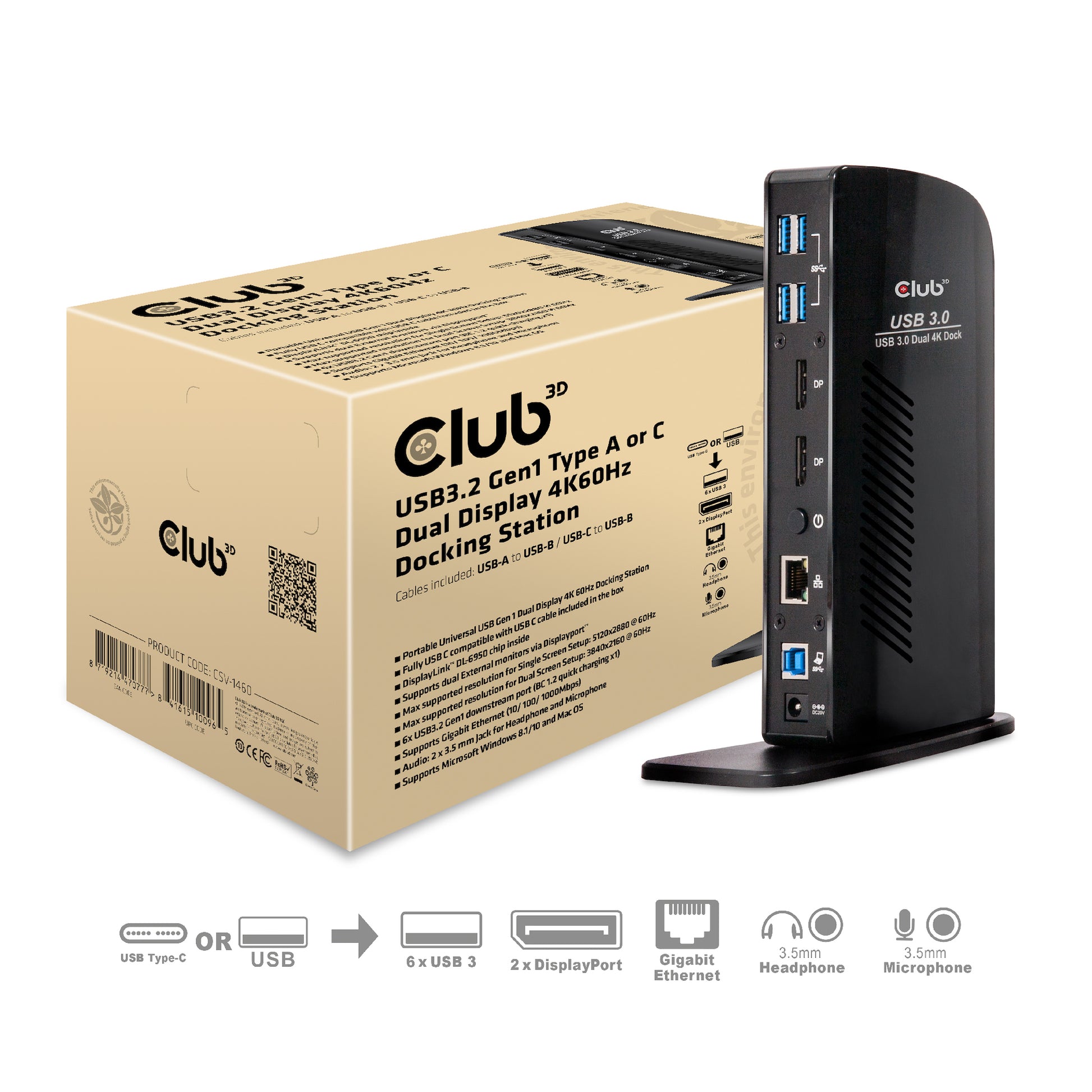 CLUB3D Club 3D Dockingstation – USB-A, 2× DP, GbE, 3,5 mm Audio, für Windows