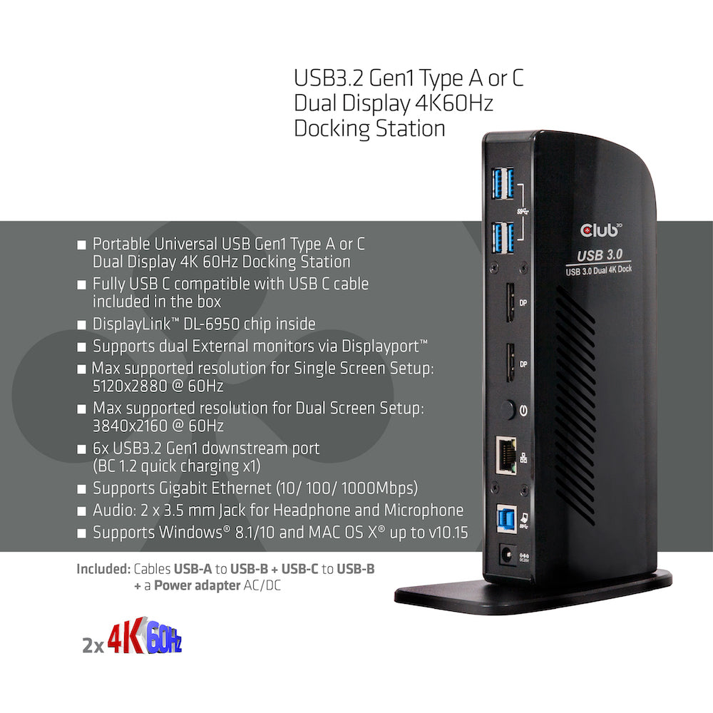 CLUB3D Club 3D Dockingstation – USB-A, 2× DP, GbE, 3,5 mm Audio, für Windows