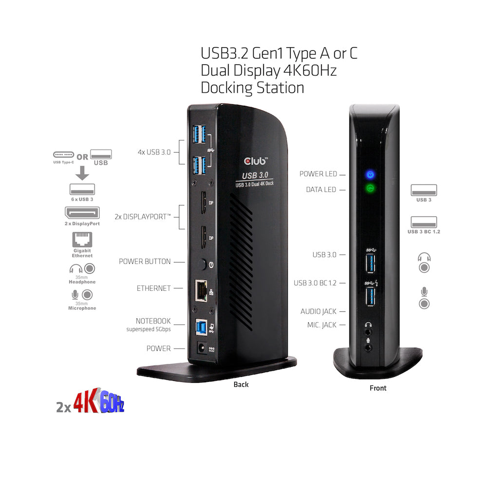 CLUB3D Club 3D Dockingstation – USB-A, 2× DP, GbE, 3,5 mm Audio, für Windows