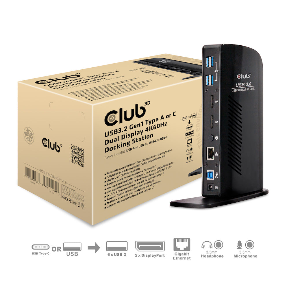 CLUB3D Club 3D Dockingstation – USB-A, 2× DP, GbE, 3,5 mm Audio, für Windows
