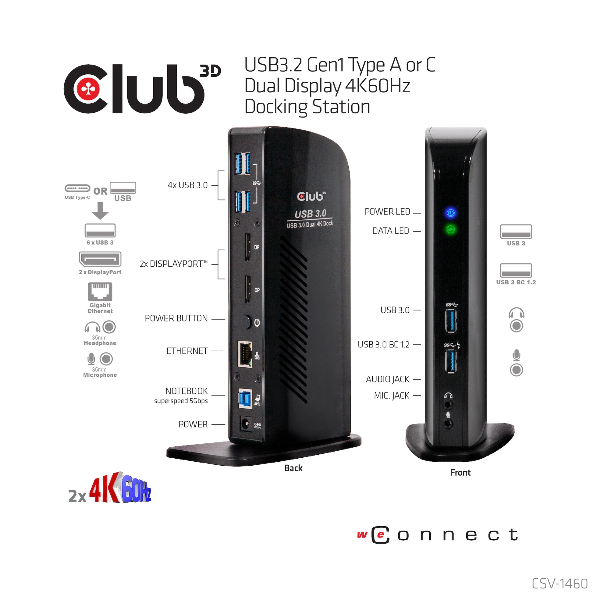 CLUB3D Club 3D Dockingstation – USB-A, 2× DP, GbE, 3,5 mm Audio, für Windows
