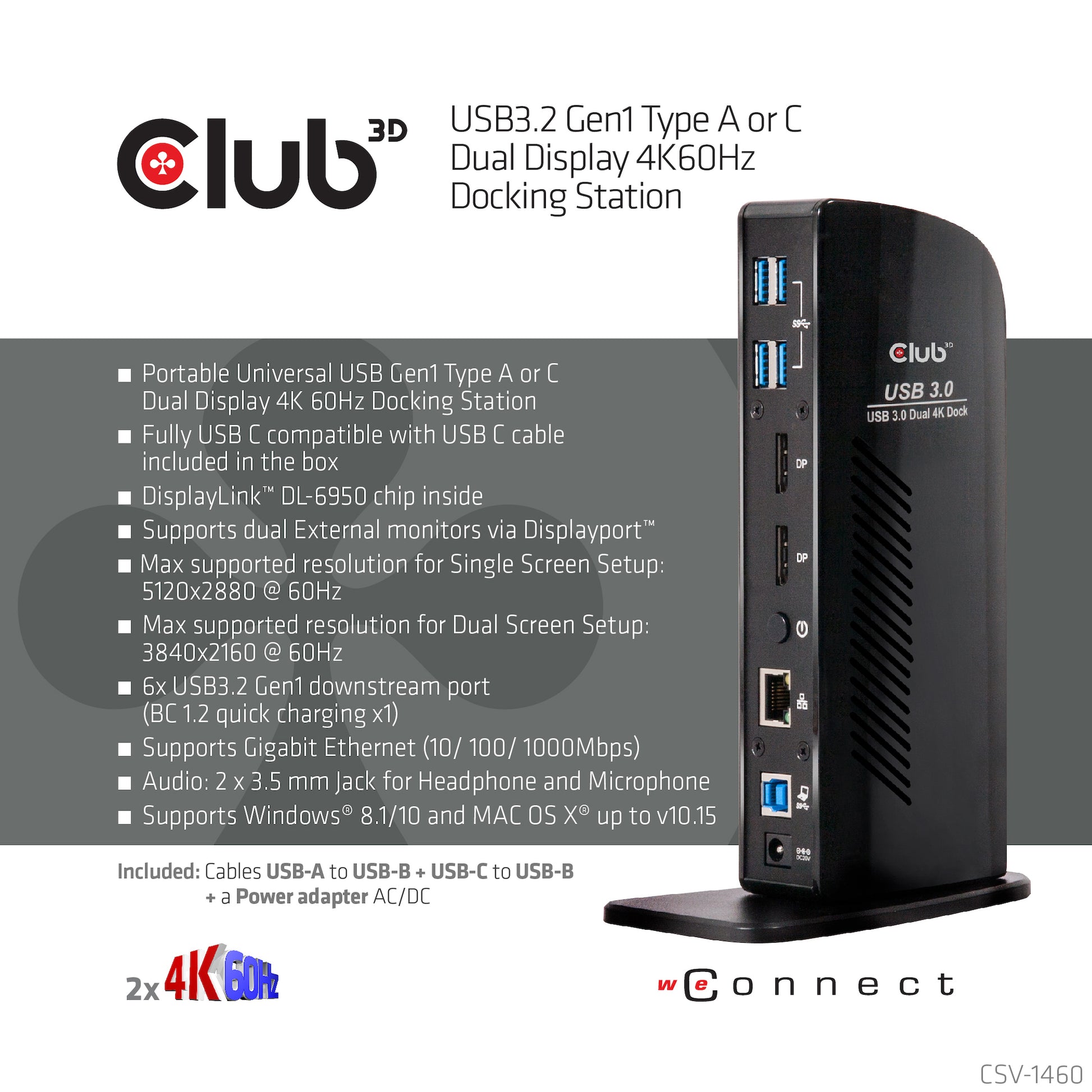 CLUB3D Club 3D Dockingstation – USB-A, 2× DP, GbE, 3,5 mm Audio, für Windows