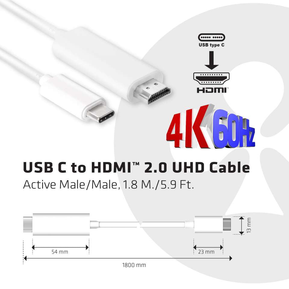CLUB3D Club 3D USB-C auf HDMI Kabel HDMI 2.0 4K 60 Hz – 1,8 m – aktiv – Weiss