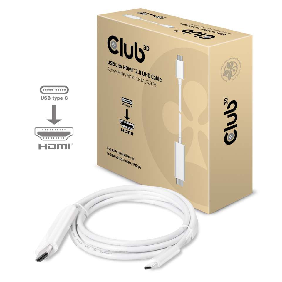 CLUB3D Club 3D USB-C auf HDMI Kabel HDMI 2.0 4K 60 Hz – 1,8 m – aktiv – Weiss