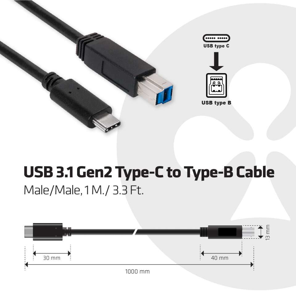 CLUB3D Club 3D – USB-C auf USB-B Kabel – USB 3.2 Gen 2 (10 Gbit/s) – 1 m – Schwarz