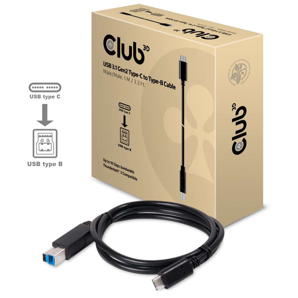 CLUB3D Club 3D – USB-C auf USB-B Kabel – USB 3.2 Gen 2 (10 Gbit/s) – 1 m – Schwarz