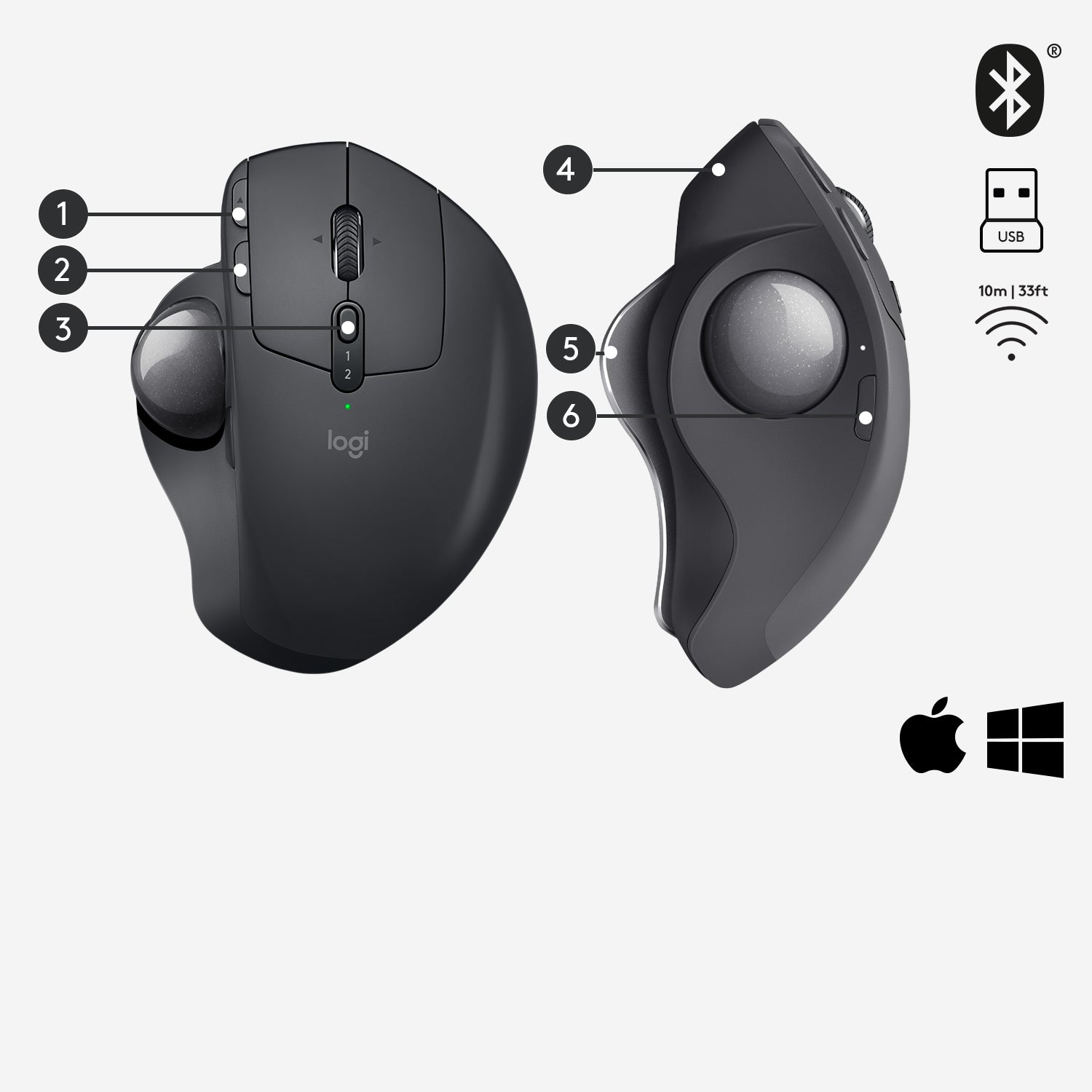 Logitech MX Ergo Ergonomische Maus – kabellos, Bluetooth + 2,4 GHz, für Rechtshänder, schwarz