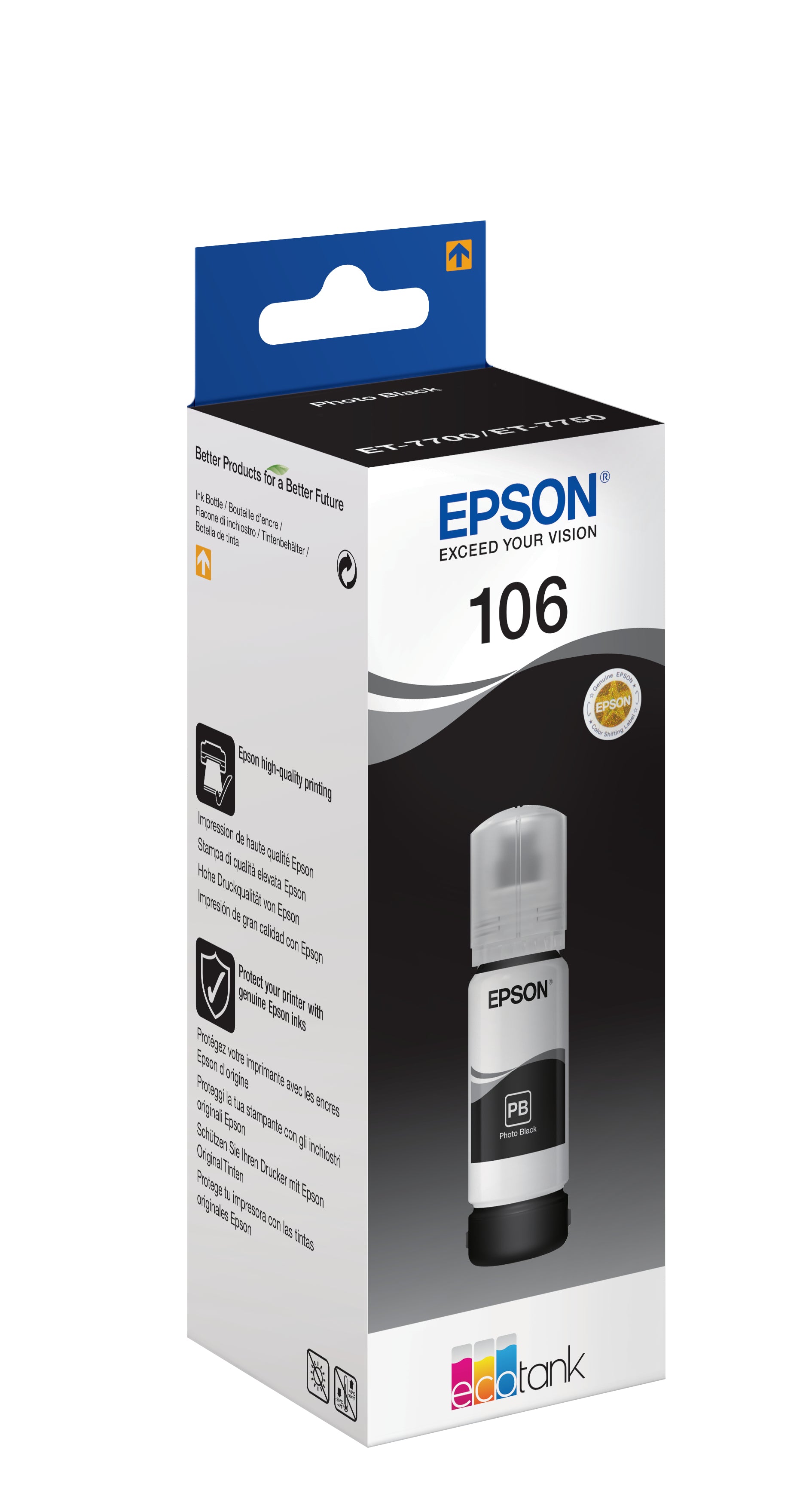 Epson 106 Foto-Schwarz Tintenpatrone (Original) – 70 ml – für EcoTank ET-7700/ET-7750 – T00R140