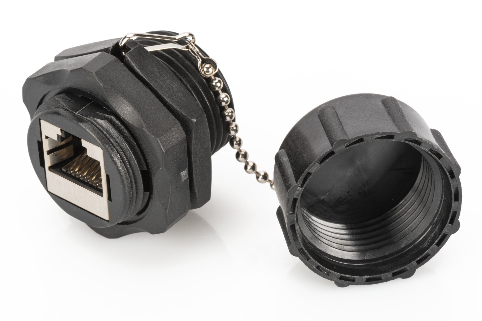Digitus RJ-45-Kupplung – Cat6, geschirmt, flach, schwarz, IP67, mit Staubkappe