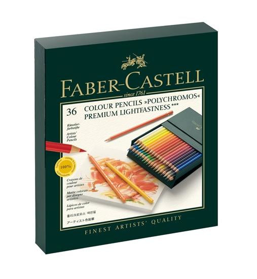 Faber-Castell Buntstift Polychromos 36er-Schachtel – bruchfeste Mine, wisch- und wasserfest, rund, Ø 3,8 mm