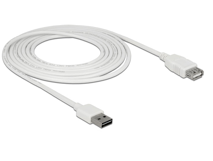 DeLOCK USB-A Verlängerungskabel (Stecker auf Buchse) – USB 2.0 (480 Mbit/s) – 3 m – Goldkontakte – Weiss