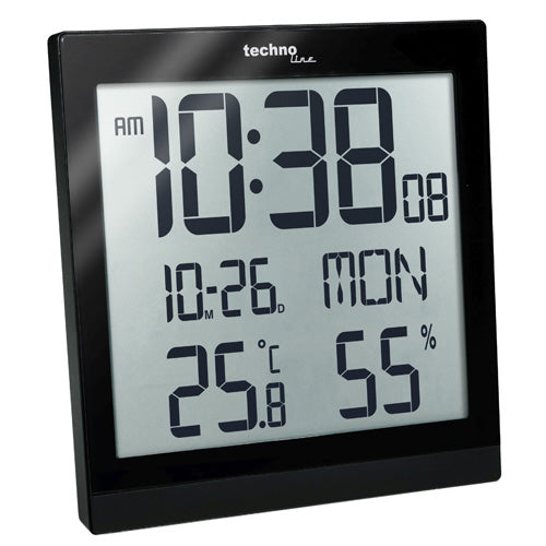 Technoline Digitalwecker – Funk, Schlummerfunktion, Thermometer, Hygrometer, 22,4 × 22,4 × 2,3 cm, Schwarz