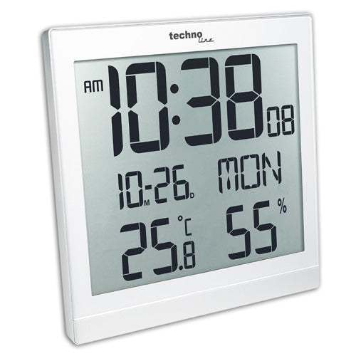 Technoline Digitalwecker – Funk, Snooze, Thermometer/Hygrometer, 22,4 × 22,4 × 2,3 cm, Weiss