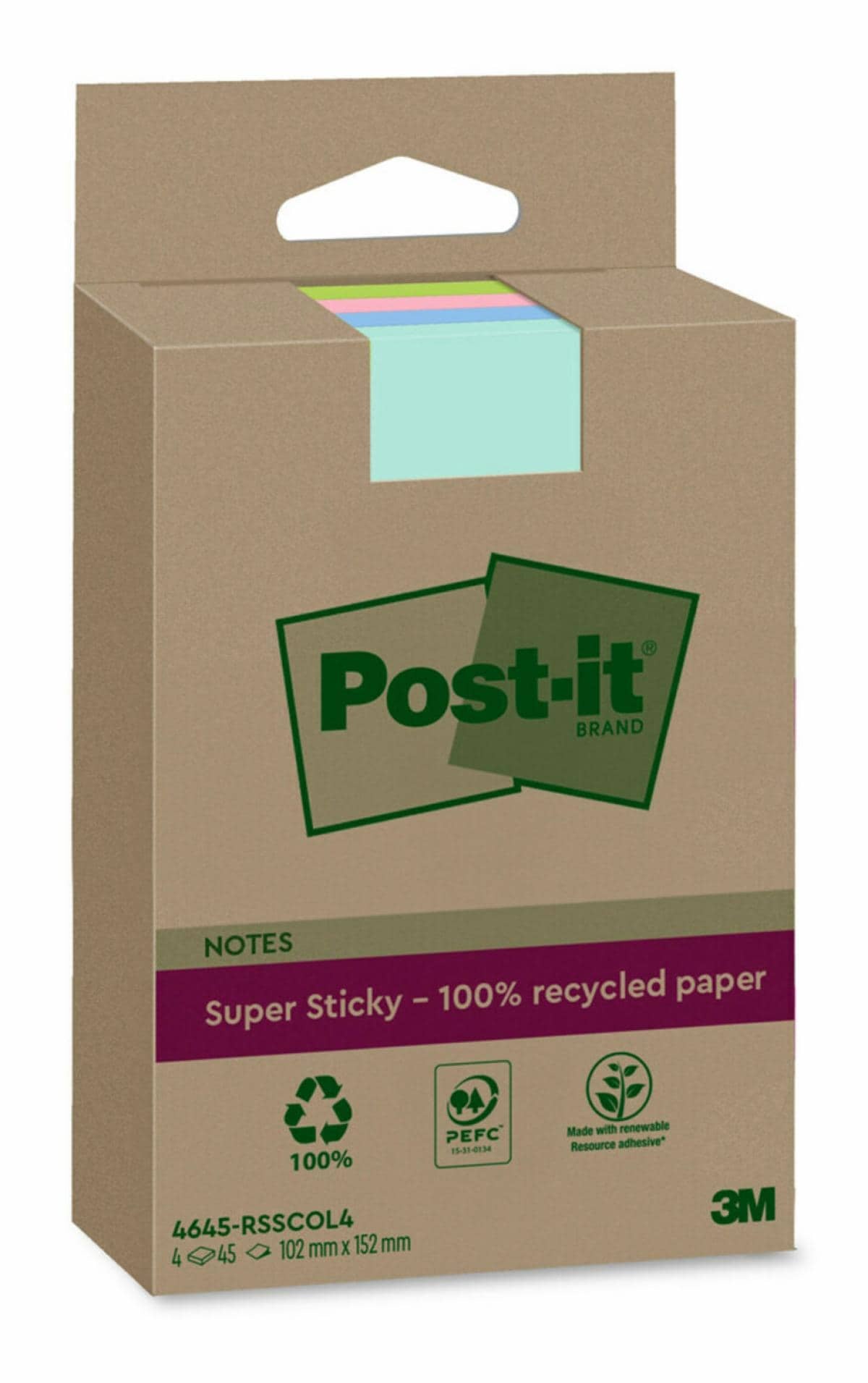 Post-it Haftnotizen – 102 × 152 mm – mehrfarbig, liniert, 45 Blatt/Block, 4er-Pack, PEFC, 100% Recycling