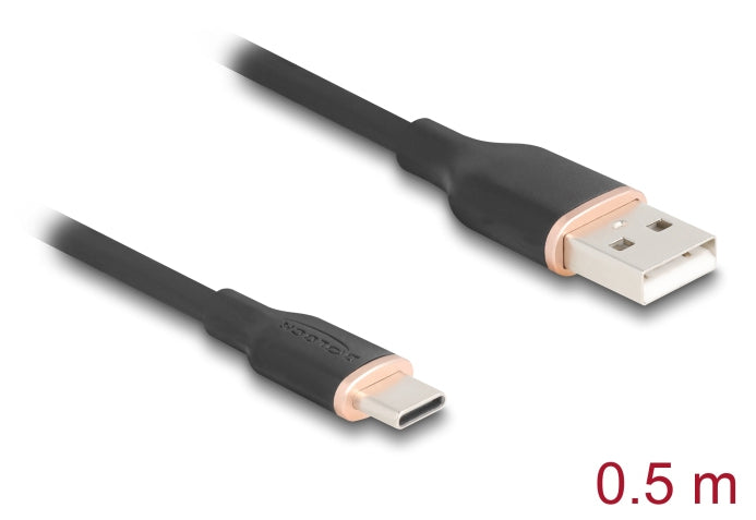 DeLOCK USB-A auf USB-C Kabel – USB 2.0 (480 Mbit/s) – 0,5 m – Silikon, Goldstecker – Schwarz