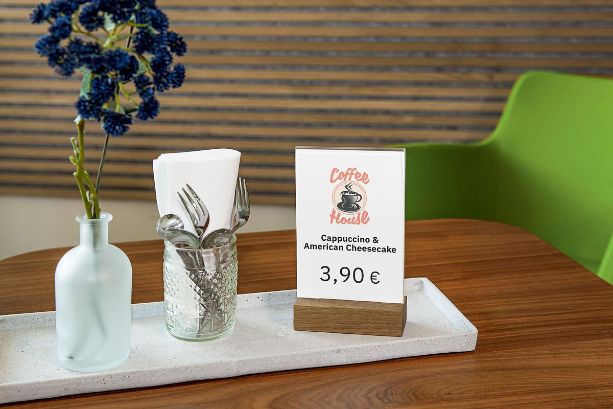 Sigel Tischaufsteller – für A6 Hochformat, 1 Blatt, Transparent, Acryl/Eiche