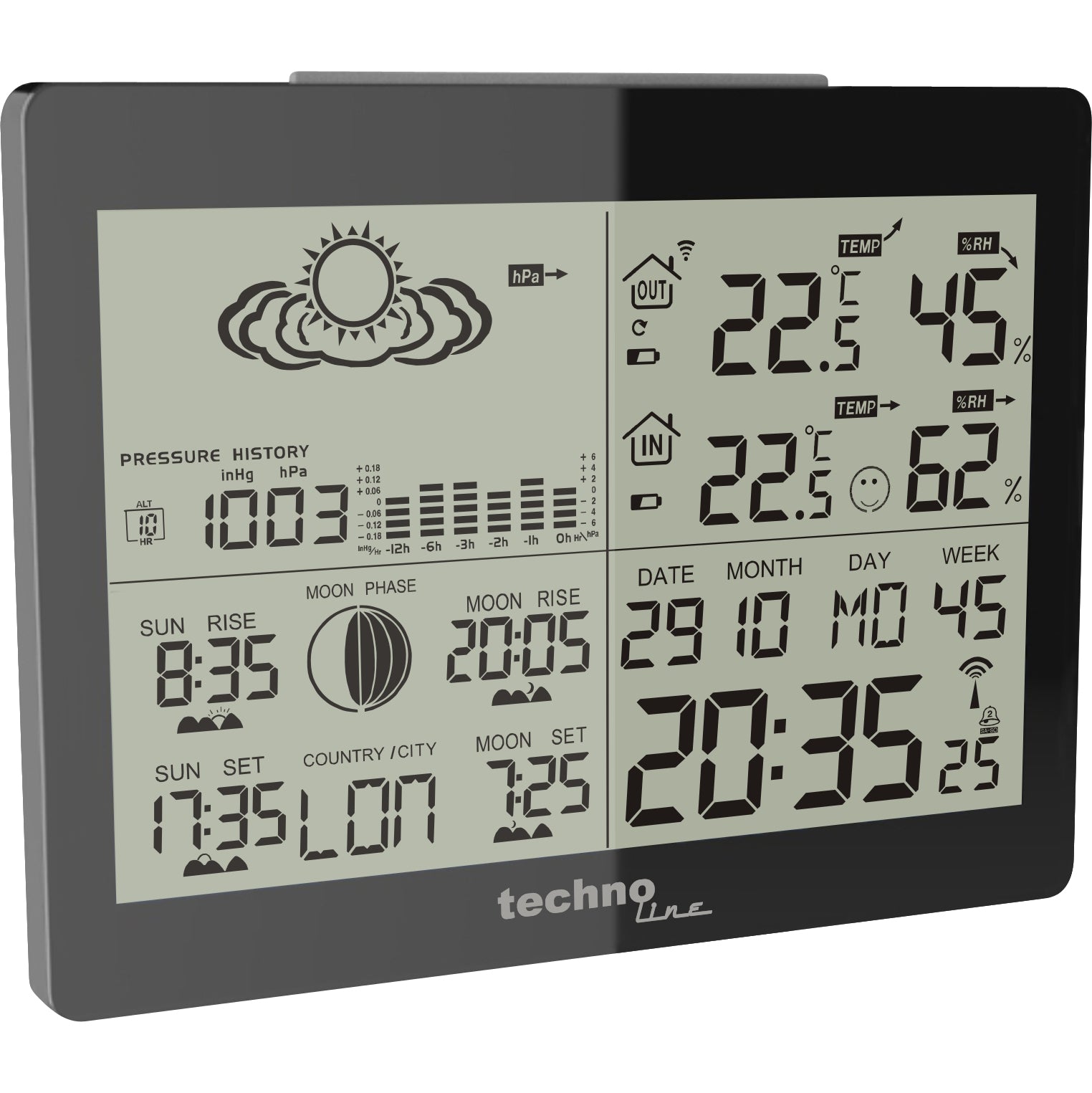Technoline WS 6760 – Wetterstation, innen/aussen, Hygrometer & Barometer, inkl. Aussensender TX70DTH – schwarz
