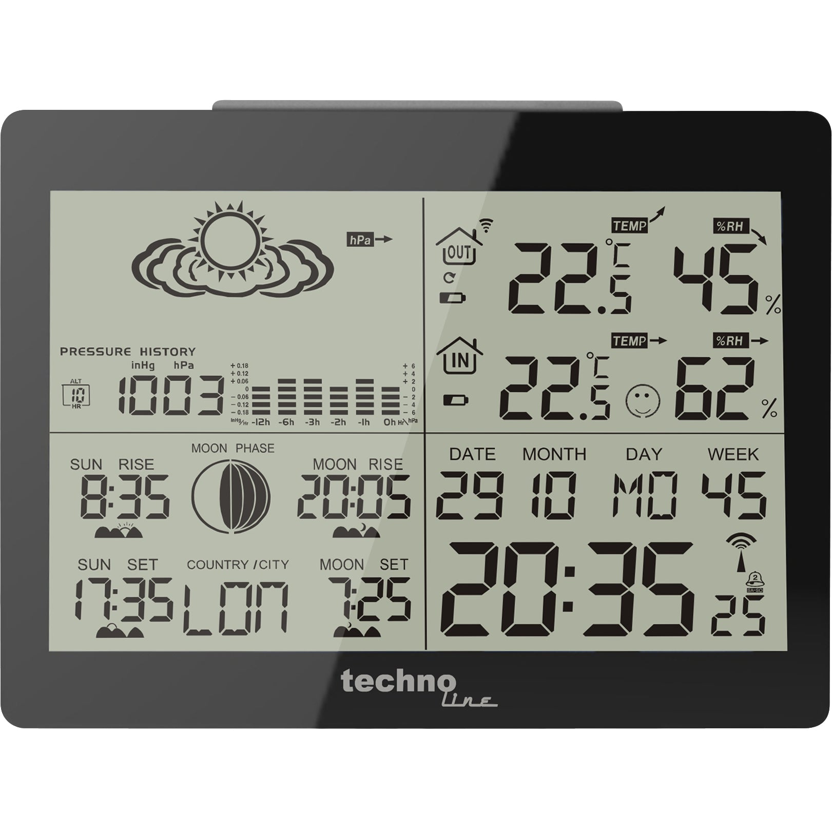 Technoline WS6760 – Wetterstation, Funk (433 MHz), Innen/Aussen, Hygrometer & Barometer – Schwarz