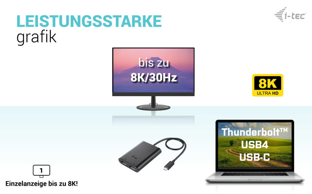 i-tec USB-C zu 2× DisplayPort Adapter – 2× 4K (3840 × 2160) @ 60 Hz / 8K (7680 × 4320) @ 30 Hz, 0,3 m, Schwarz