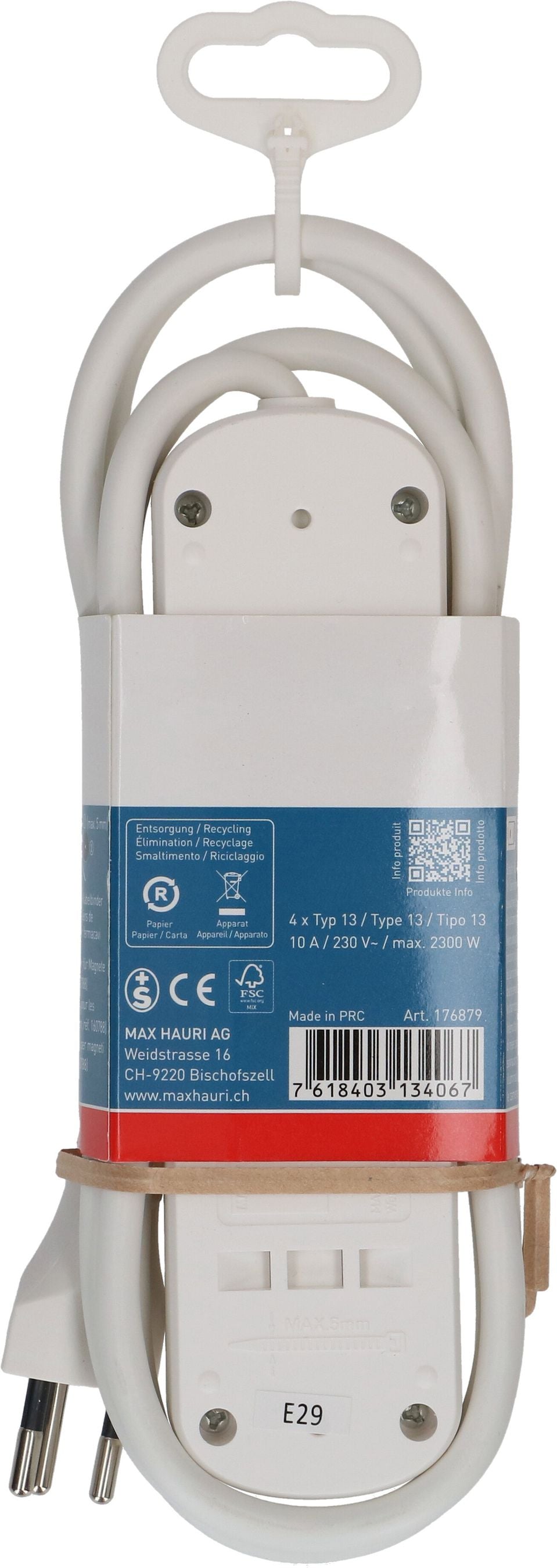 Max Hauri AG Max Hauri Basic Line Steckdosenleiste – 4× T13, 1,5 m, mit Schalter, Weiss