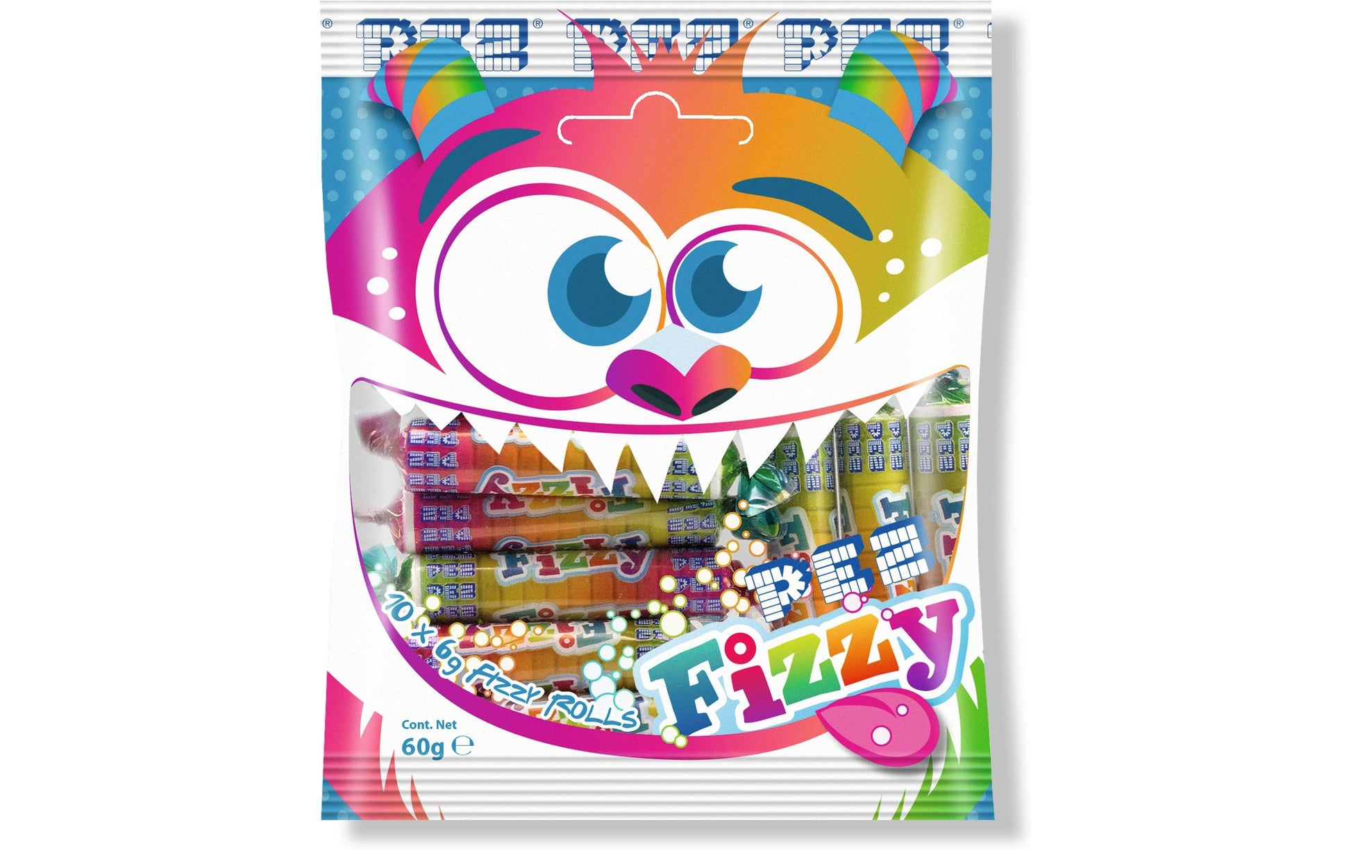 PEZ Fizzy Rollen Beutel Fruchtgummi – Apfel, Zitrone, Orange, Erdbeere – 60 g