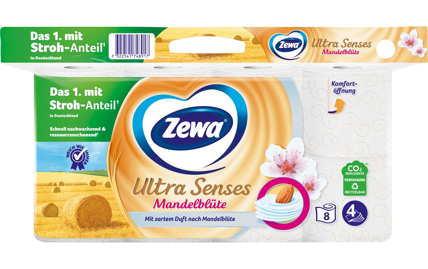 Zewa Ultra Senses Toilettenpapier – 4-lagig, Zellstoff, Mandelblüte, 135 Blatt/Rolle – 8 Rollen