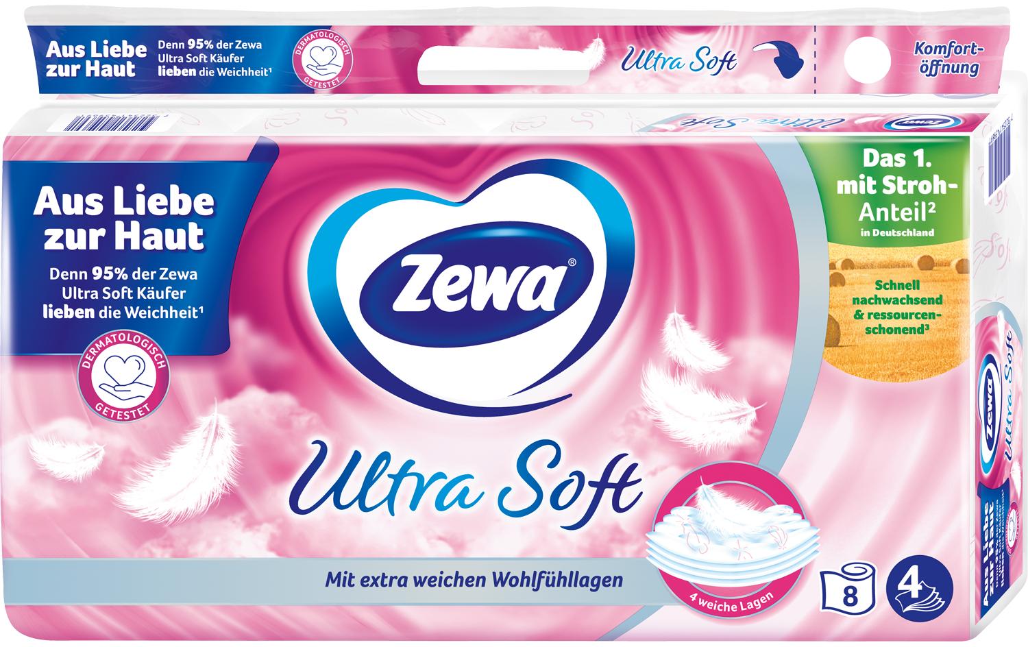 Zewa Ultra Soft Toilettenpapier – 4-lagig, Zellstoff, 150 Blatt/Rolle – 8 Rollen