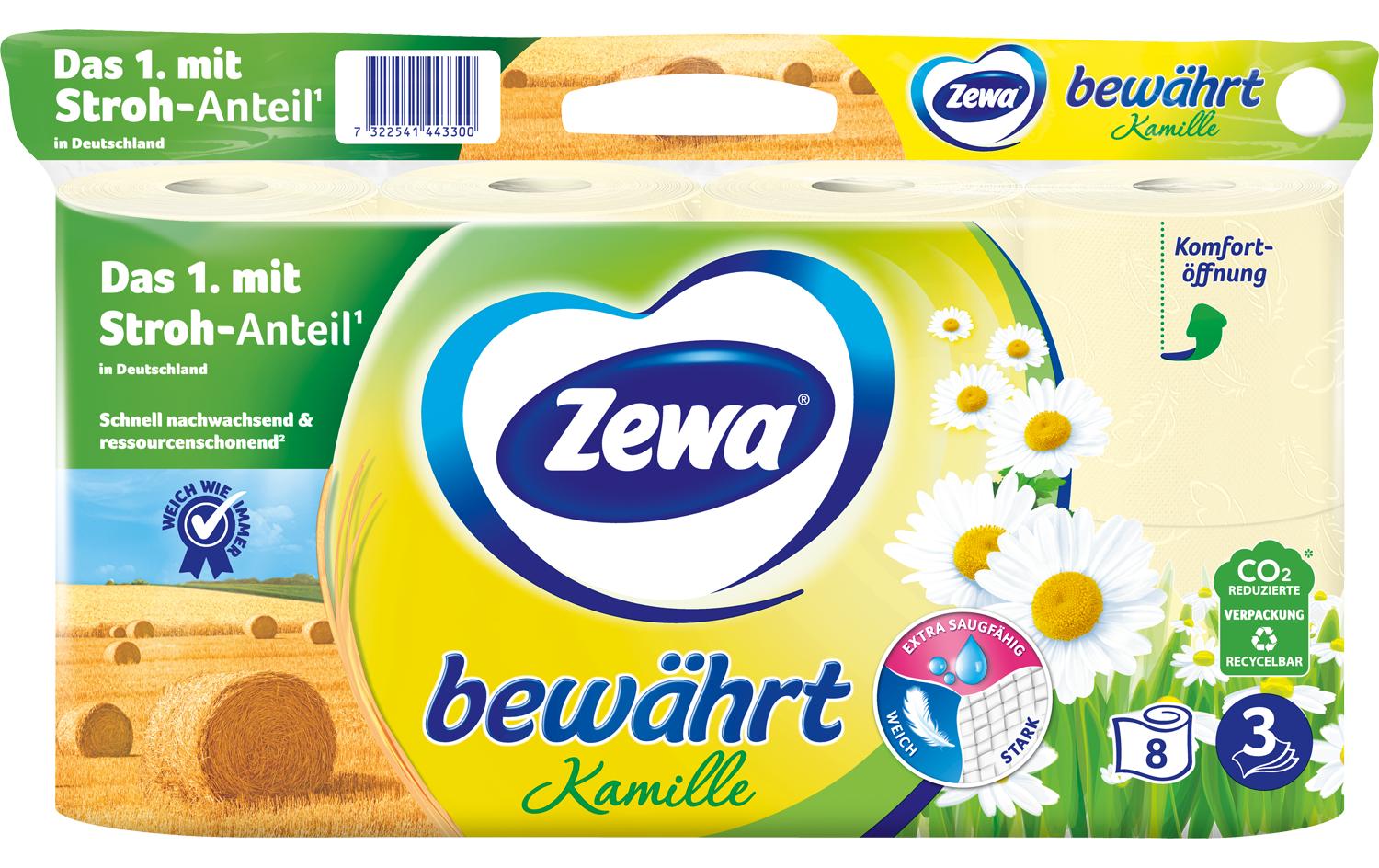 Zewa Bewährtes Toilettenpapier – 3-lagig, Zellstoff, Kamille, 150 Blatt/Rolle – 8 Rollen