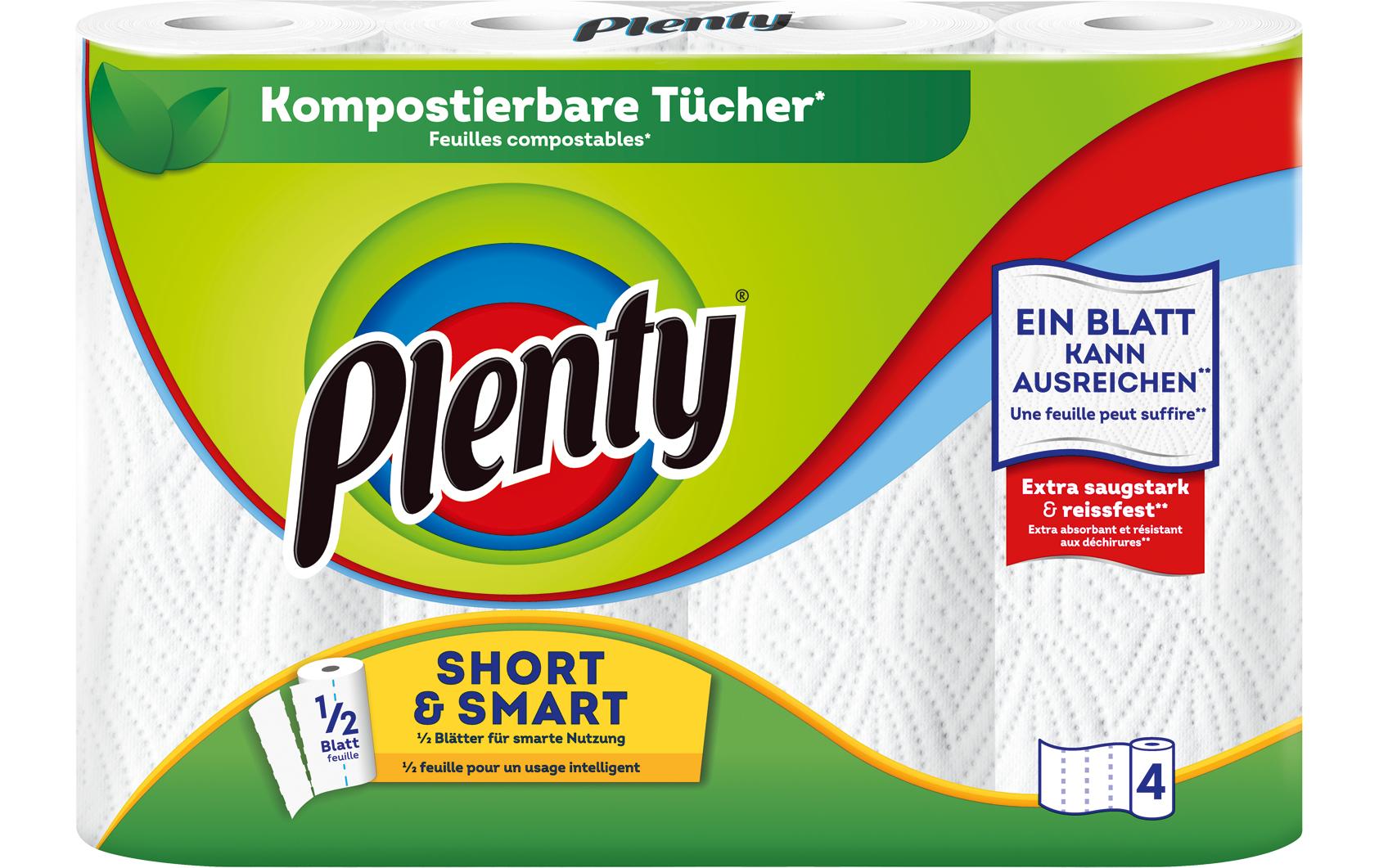 Plenty Haushaltspapier Short & Smart – 74 Blatt, Weiss, 4 Rollen