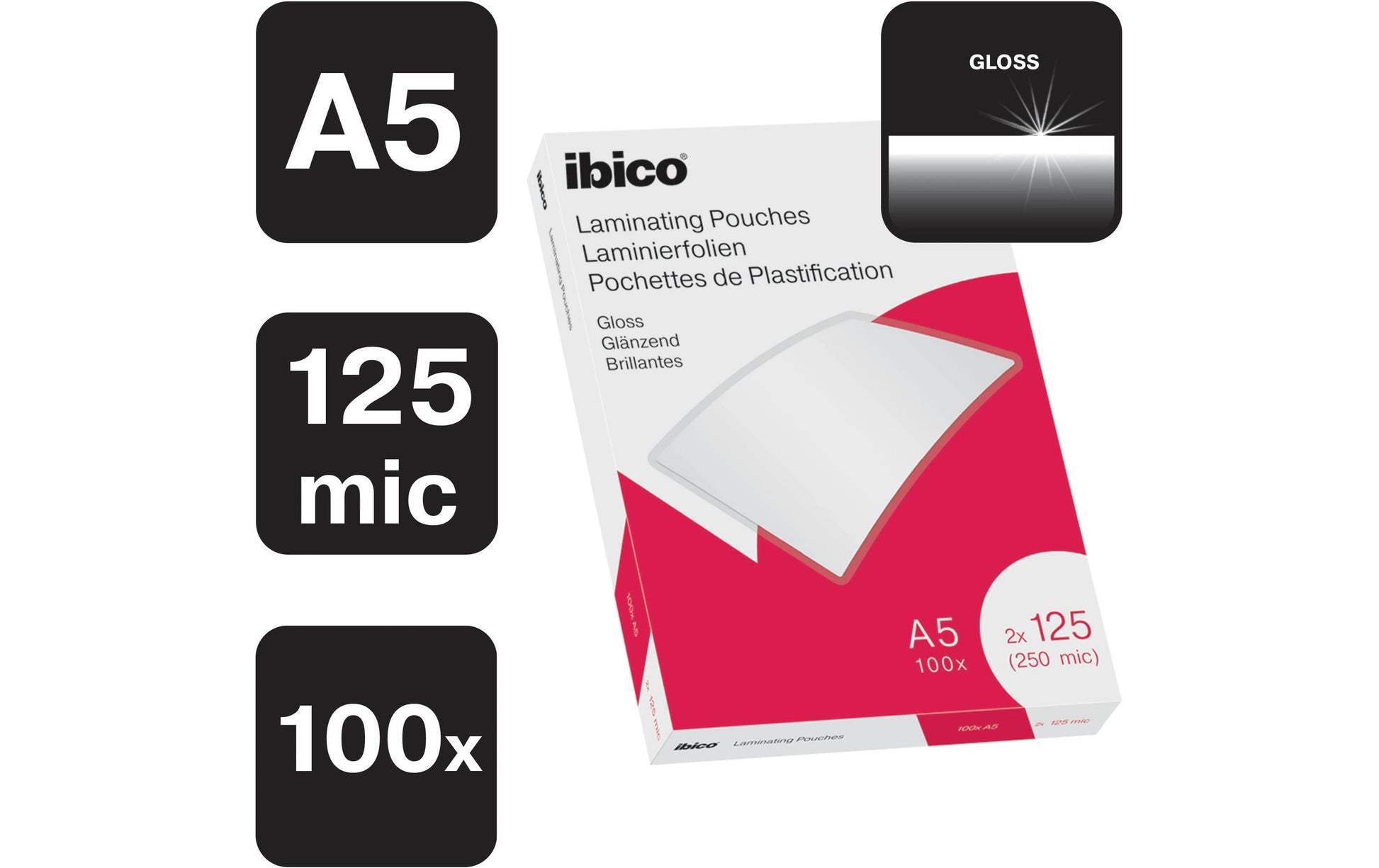 Ibico Laminierfolien A5, glänzend – 125 µm, 154 × 216 mm, 100 Stk.
