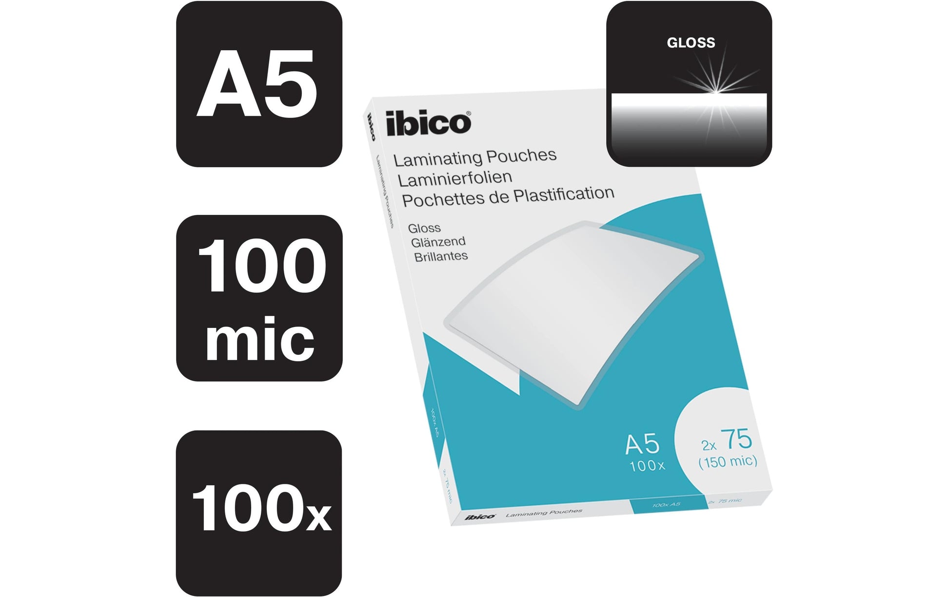 Ibico Laminierfolien A5, glänzend – 75 µm, 154 × 216 mm, 100 Stk.
