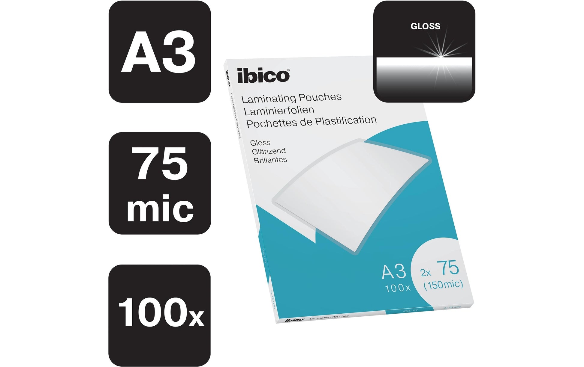 Ibico Laminierfolien A3, glänzend – 75 µm, 303 × 426 mm, 100 Stk.