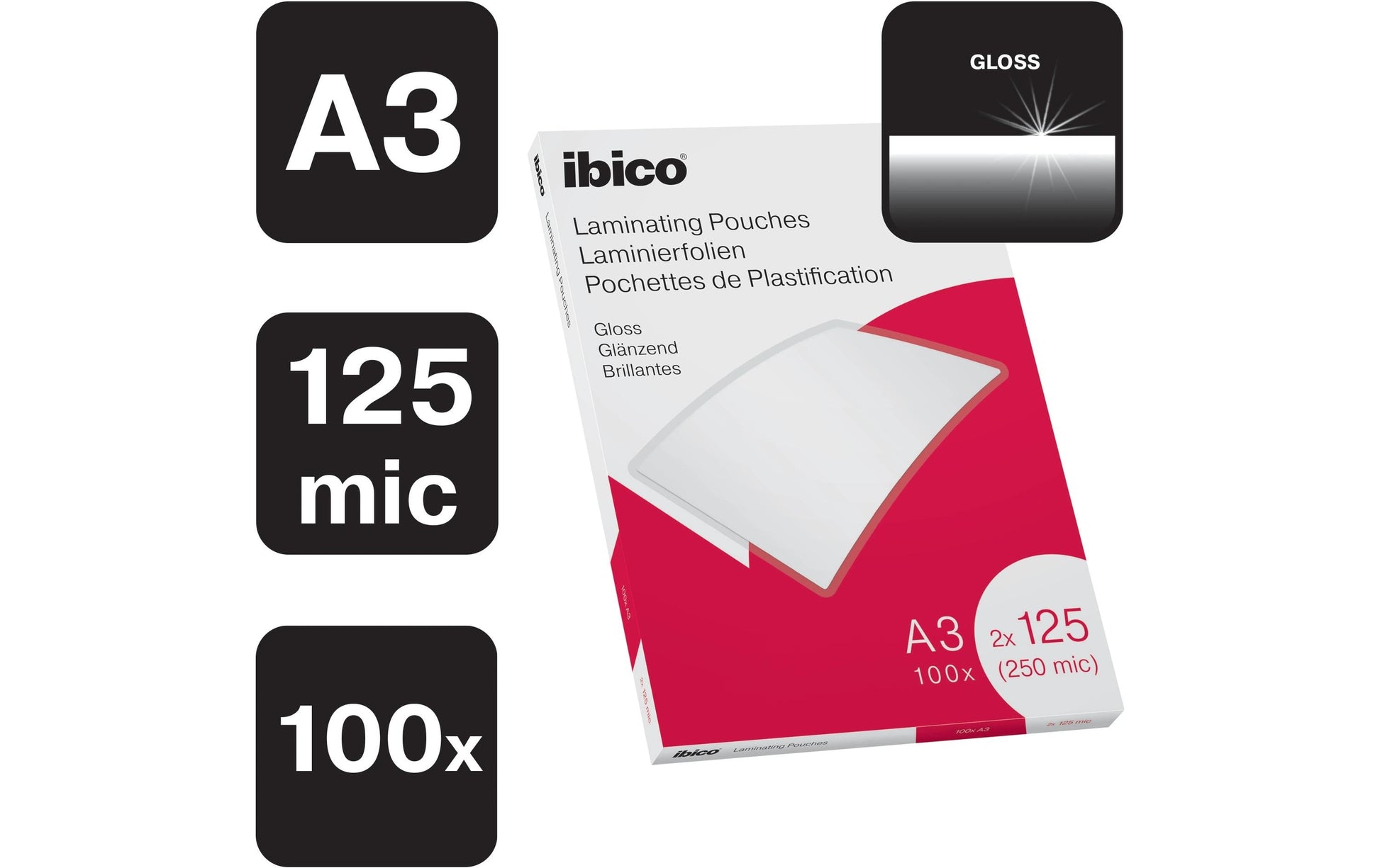 Ibico Laminierfolien A3, glänzend – 125 µm, 303 × 426 mm, 100 Stk.