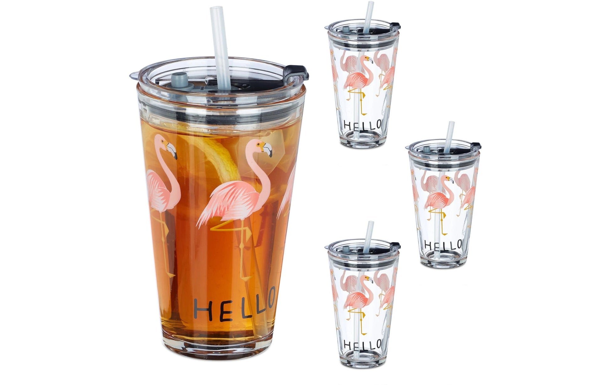 Relaxdays Trinkglas Flamingo – 450 ml, Ø 9,0 cm, H 15,5 cm, Kunststoff, Rosa