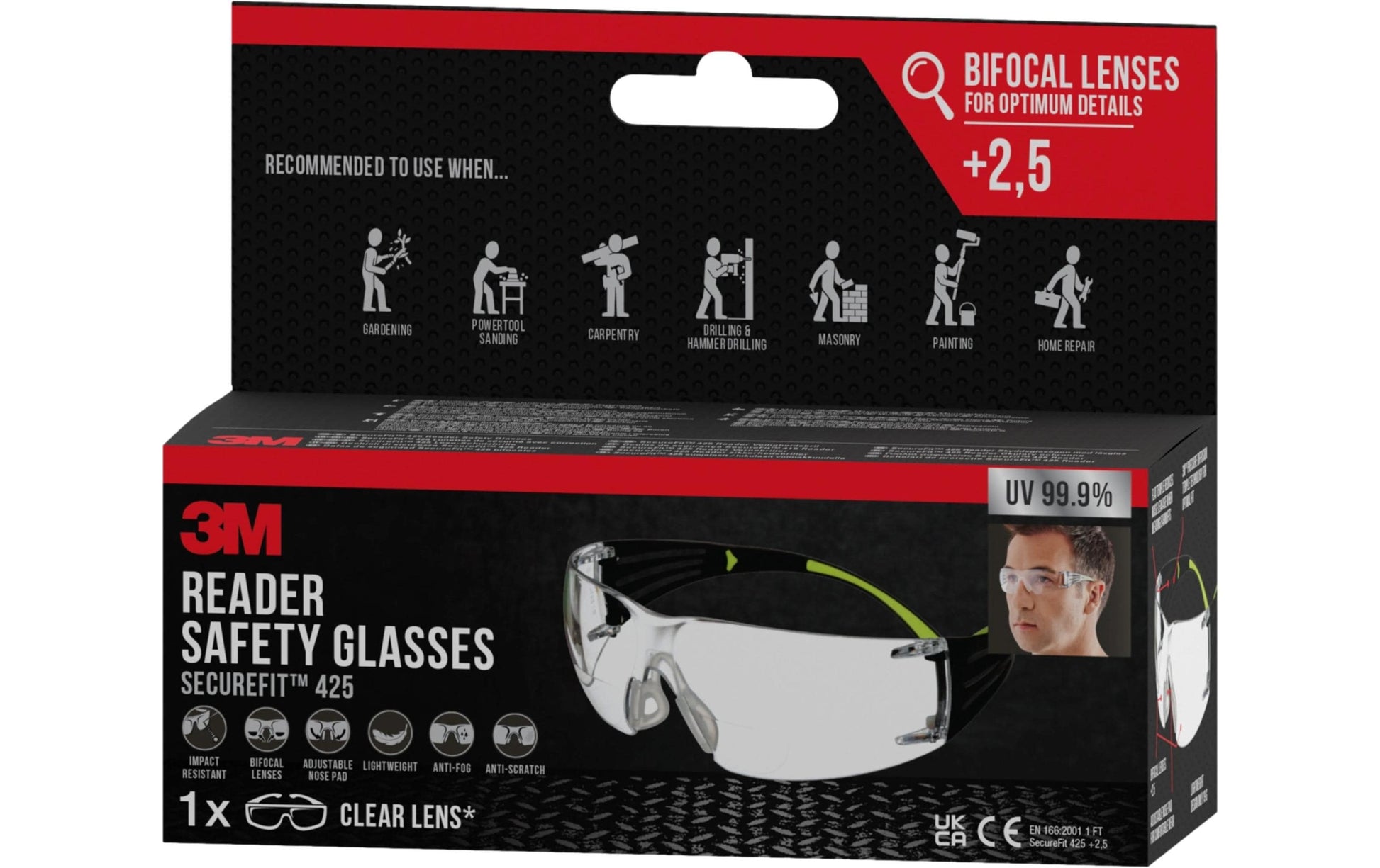 3M Schutzbrille SecureFit 420 – klar, +2,5 Dioptrien, beschlagfrei, kratzfest