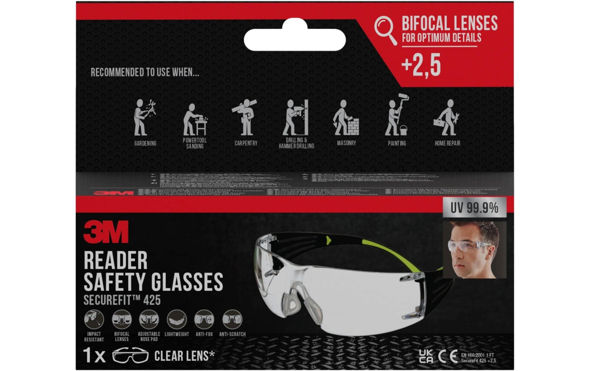 3M Schutzbrille SecureFit 420 – klar, +2,5 Dioptrien, beschlagfrei, kratzfest