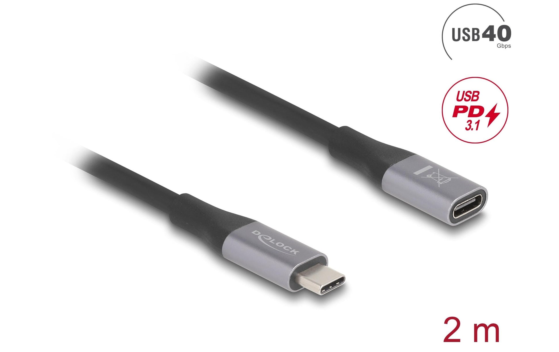 DeLOCK USB-C Verlängerungskabel (Stecker zu Buchse) – USB4 40 Gbit/s – 2 m – PD 240 W – Goldkontakte