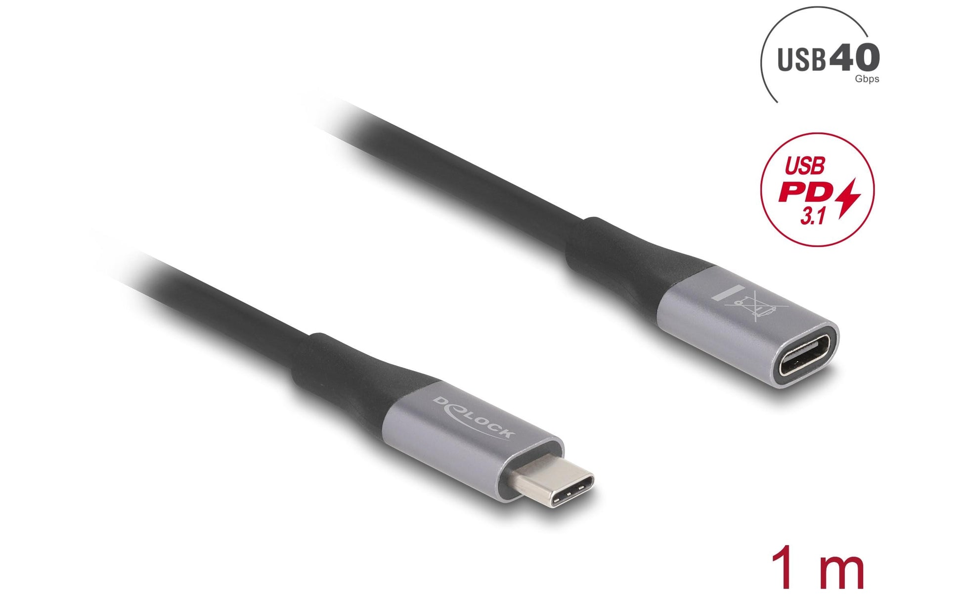 DeLOCK USB-C Verlängerungskabel (Stecker zu Buchse) – USB4 40 Gbit/s – 1 m – PD 240 W – Schwarz/Grau