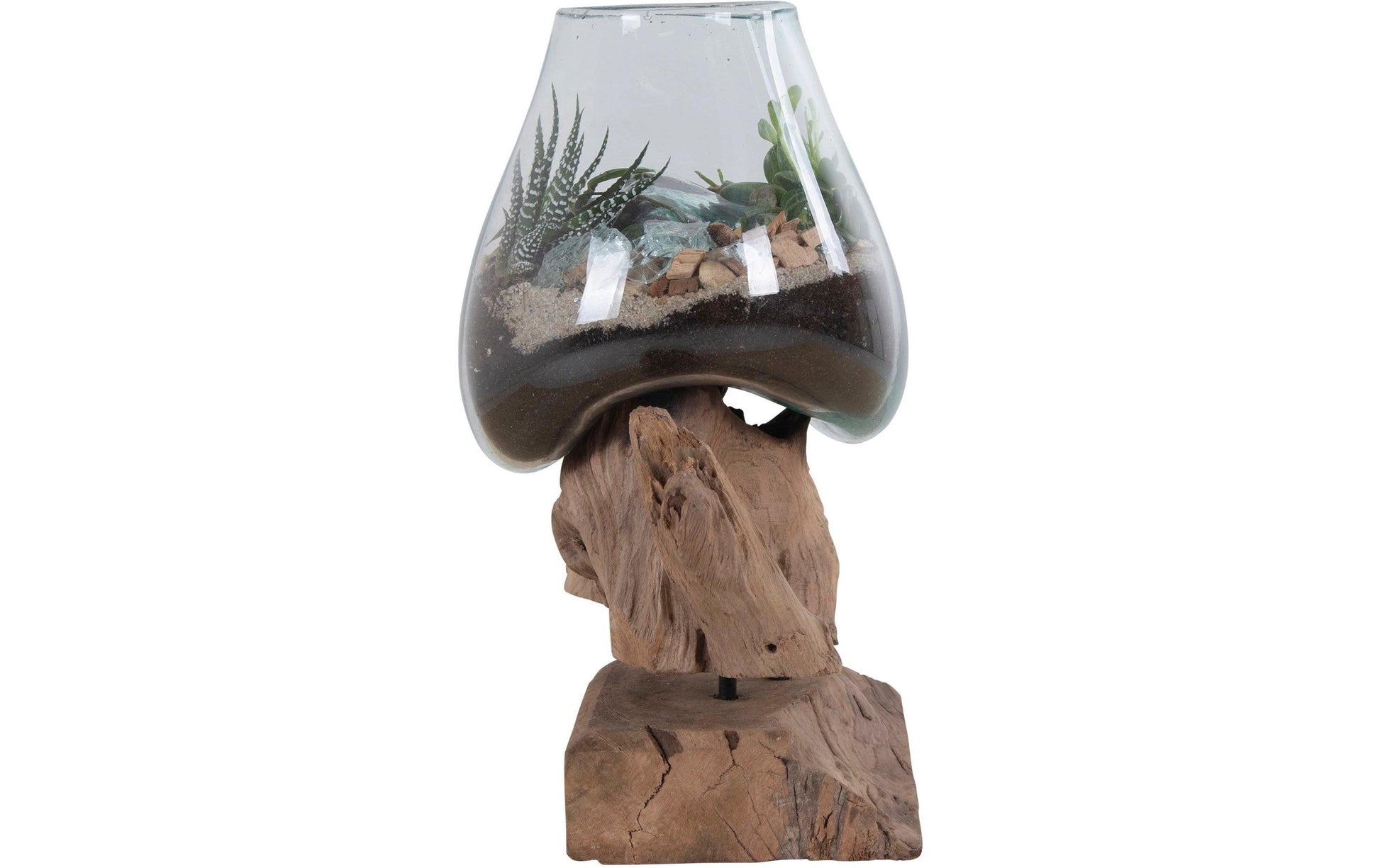 House Nordic Schale – mit Kunstpflanzen – Glas & Stahl & Teak, natur – 18 × 15 × 25 cm